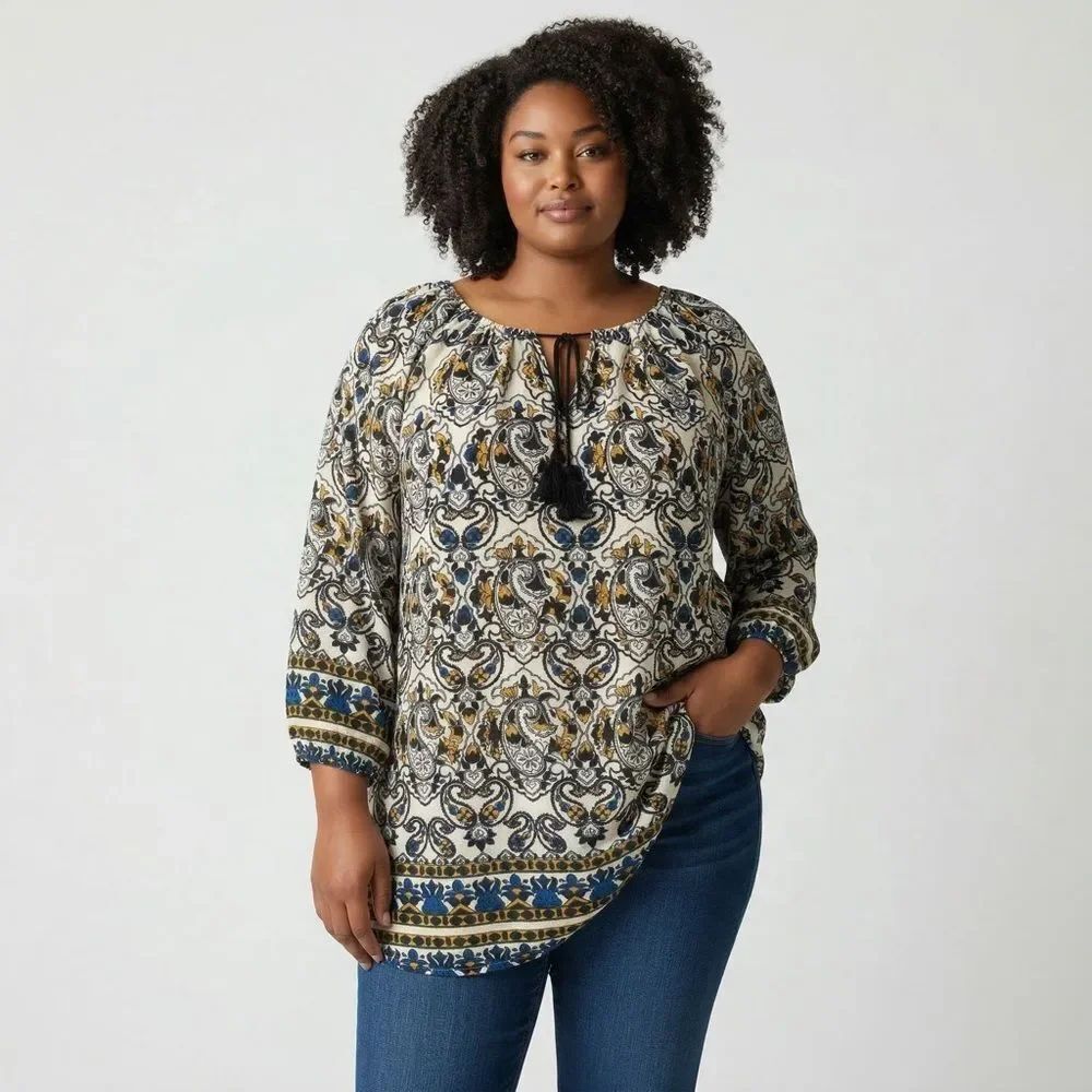 Davina Paisley Peasant Blouse with Tassel Tie Cream/Blue/Gold Tunic Blouse XL